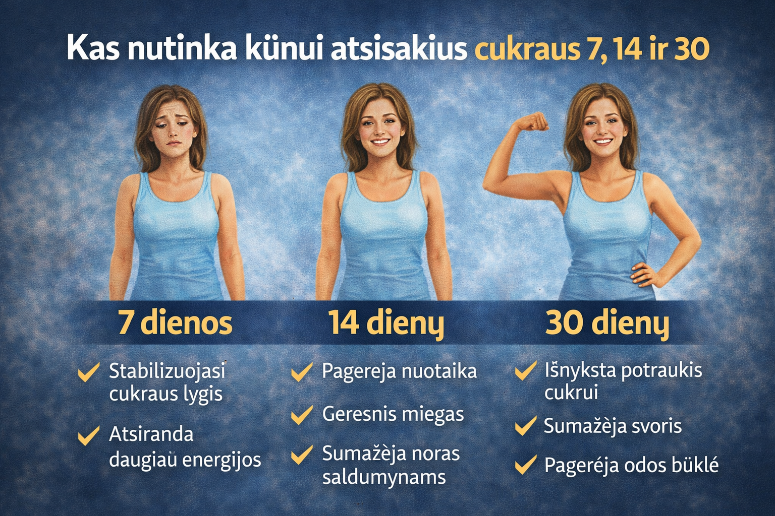 Kas nutinka kūnui atsisakius cukraus 7, 14 ir 30 dienų
