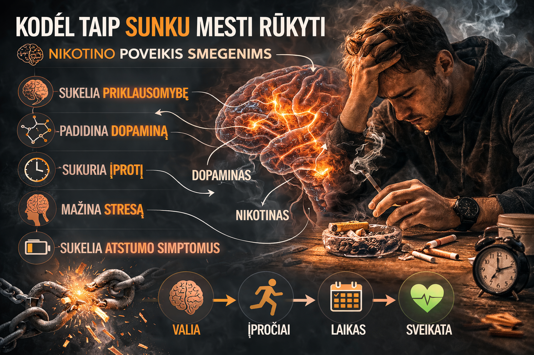 Kodėl taip sunku mesti rūkyti: nikotino poveikis smegenims