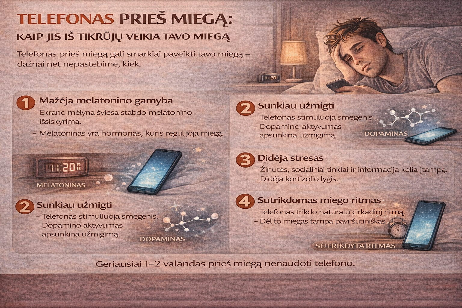 Telefonas prieš miegą: kaip jis iš tikrųjų veikia tavo miegą