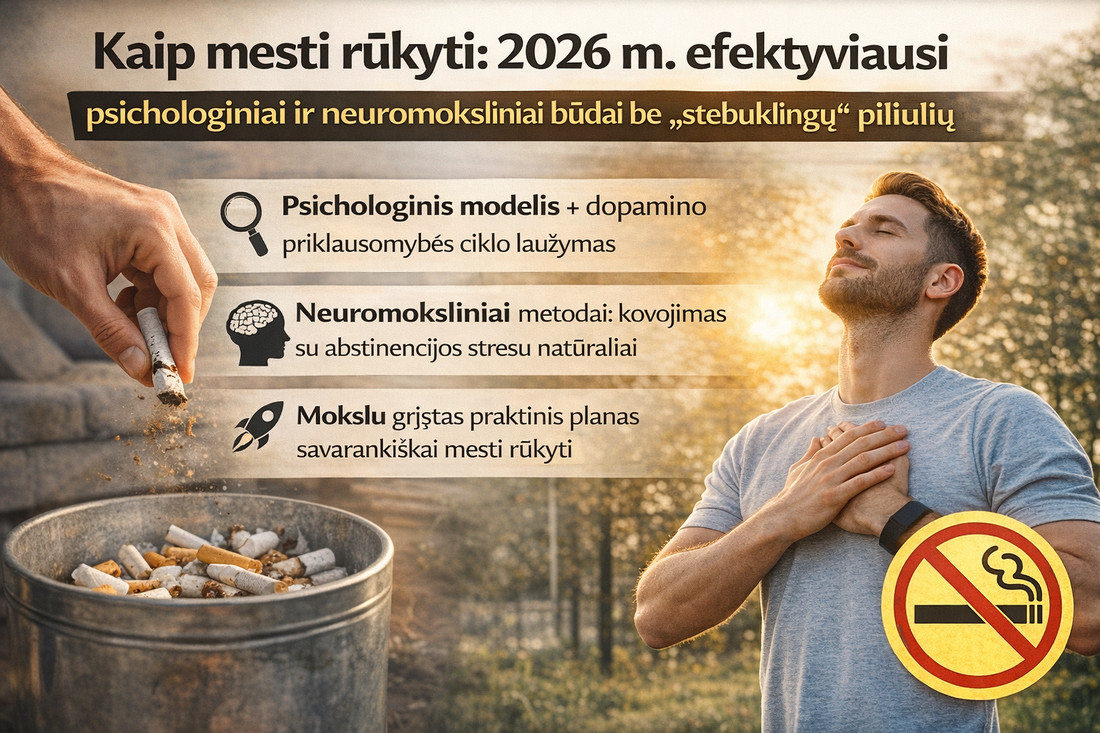Kaip mesti rūkyti: 2026 m. efektyviausi psichologiniai ir neuromoksliniai būdai be „stebuklingų“ piliulių