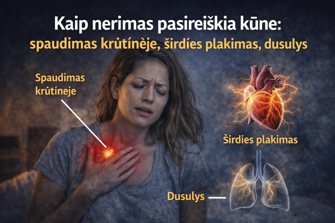 Kaip nerimas pasireiškia kūne: spaudimas krūtinėje, širdies plakimas, dusulys