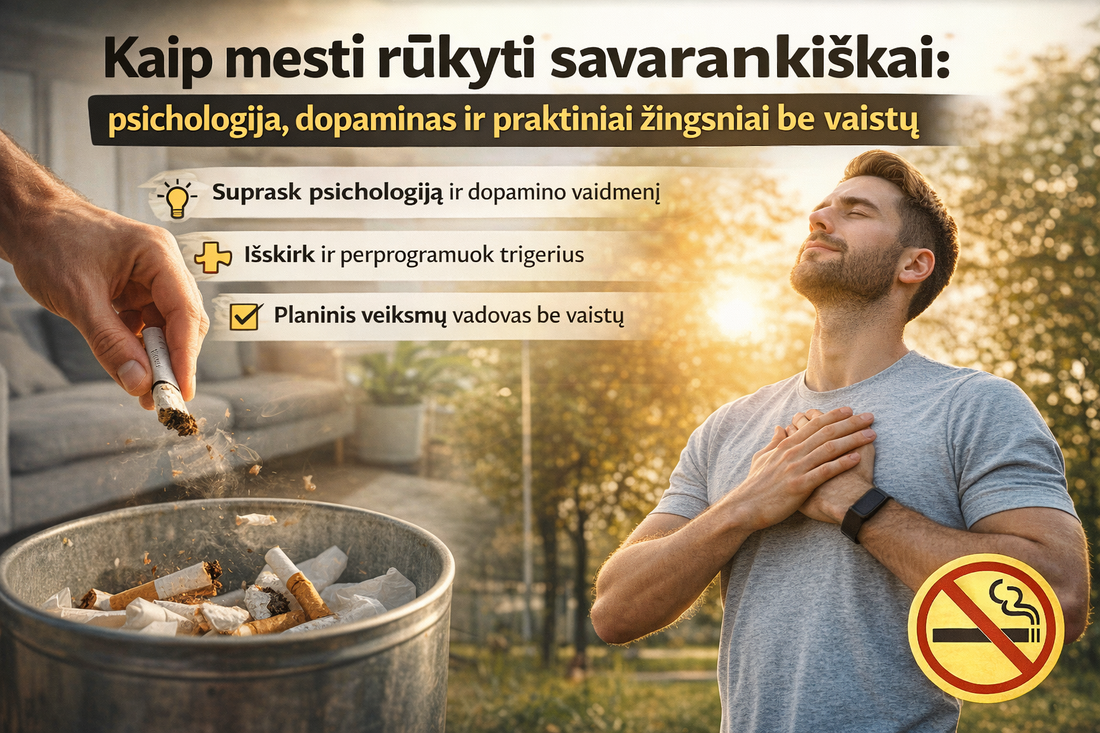Kaip mesti rūkyti savarankiškai: psichologija, dopaminas ir praktiniai žingsniai be vaistų