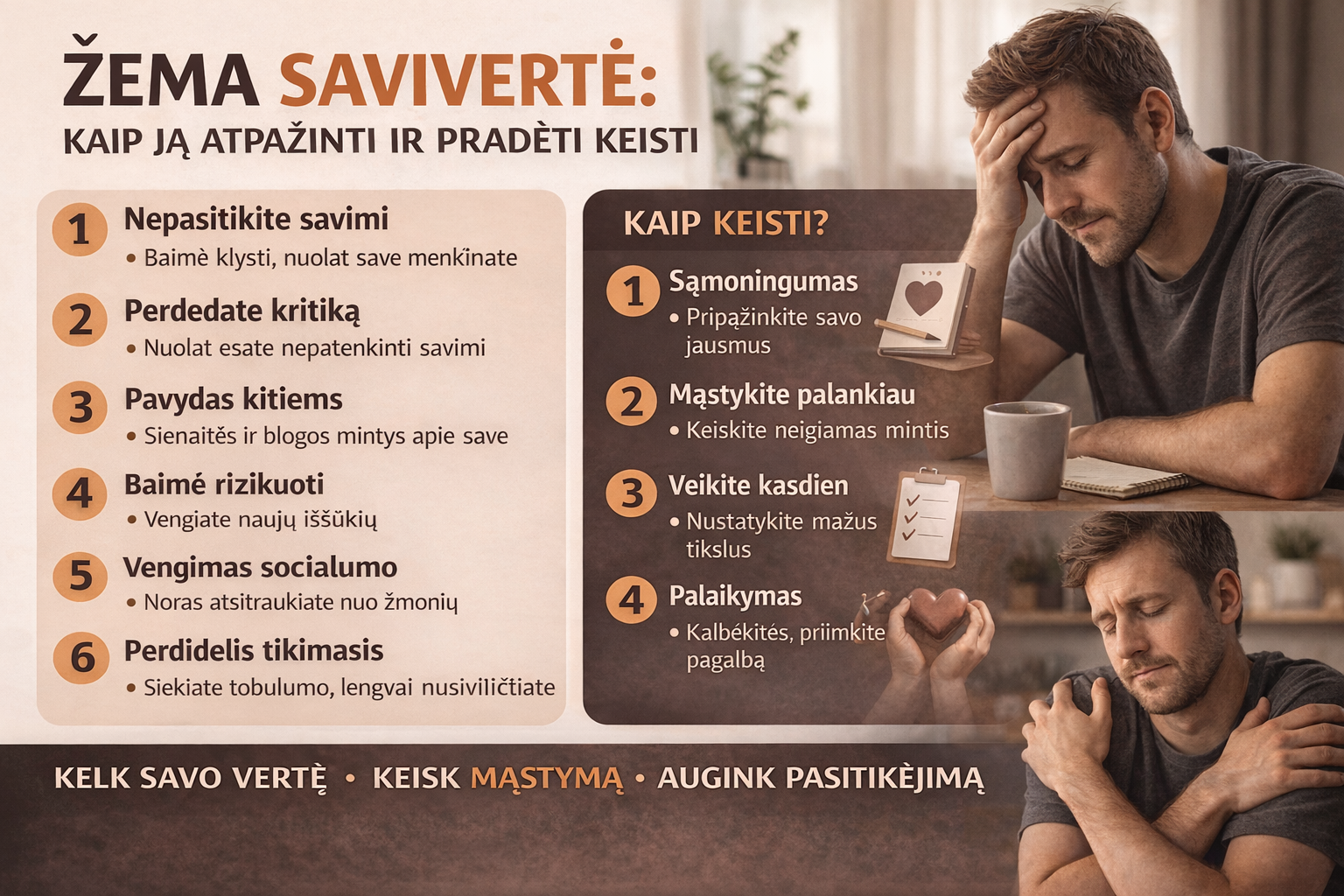 Žema savivertė: kaip ją atpažinti ir pradėti keisti