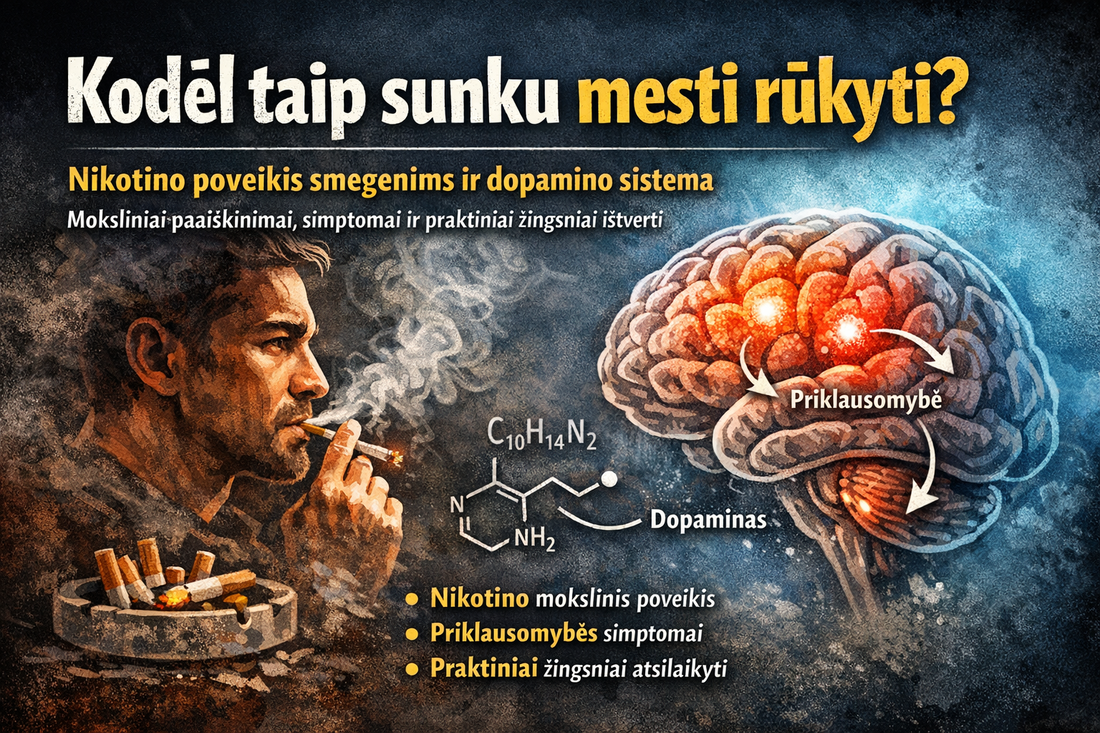 Kodėl taip sunku mesti rūkyti? Nikotino poveikis smegenims ir dopamino sistema – moksliniai paaiškinimai, simptomai ir praktiniai žingsniai ištverti