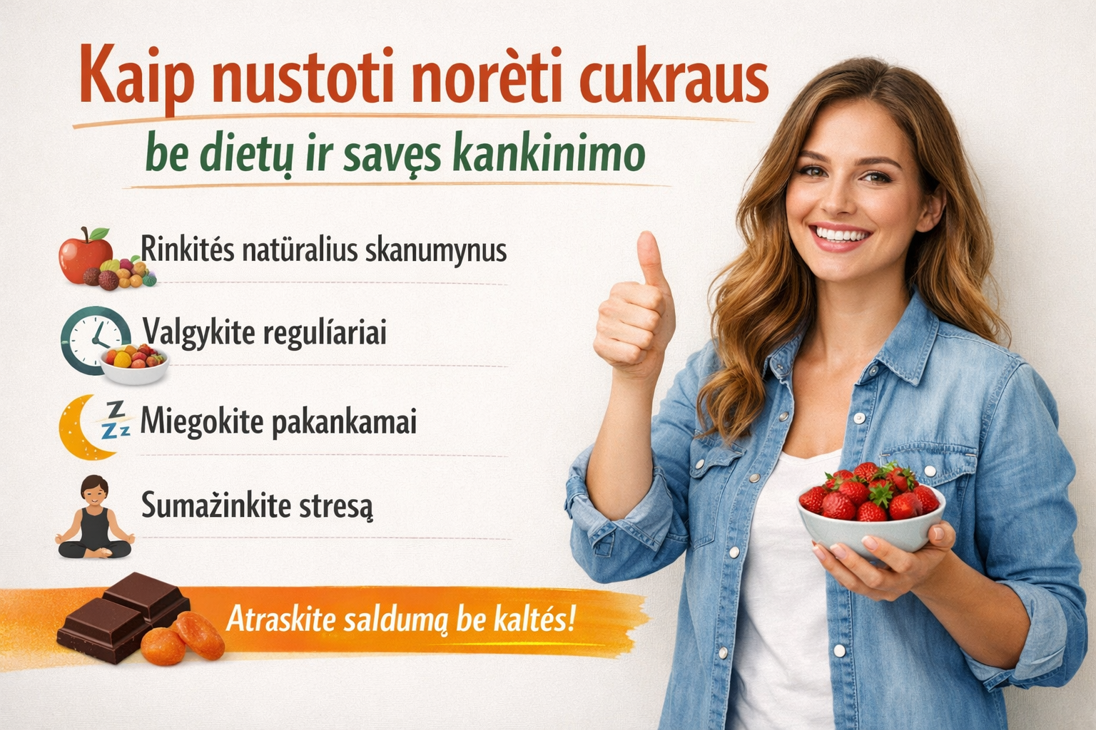 Kaip nustoti norėti cukraus be dietų ir savęs kankinimo?