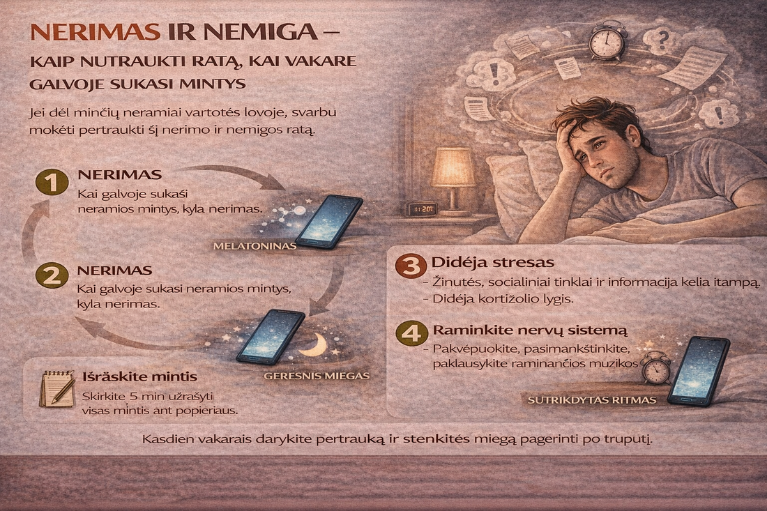 Nerimas ir nemiga – kaip nutraukti ratą, kai vakare galvoje sukasi mintys