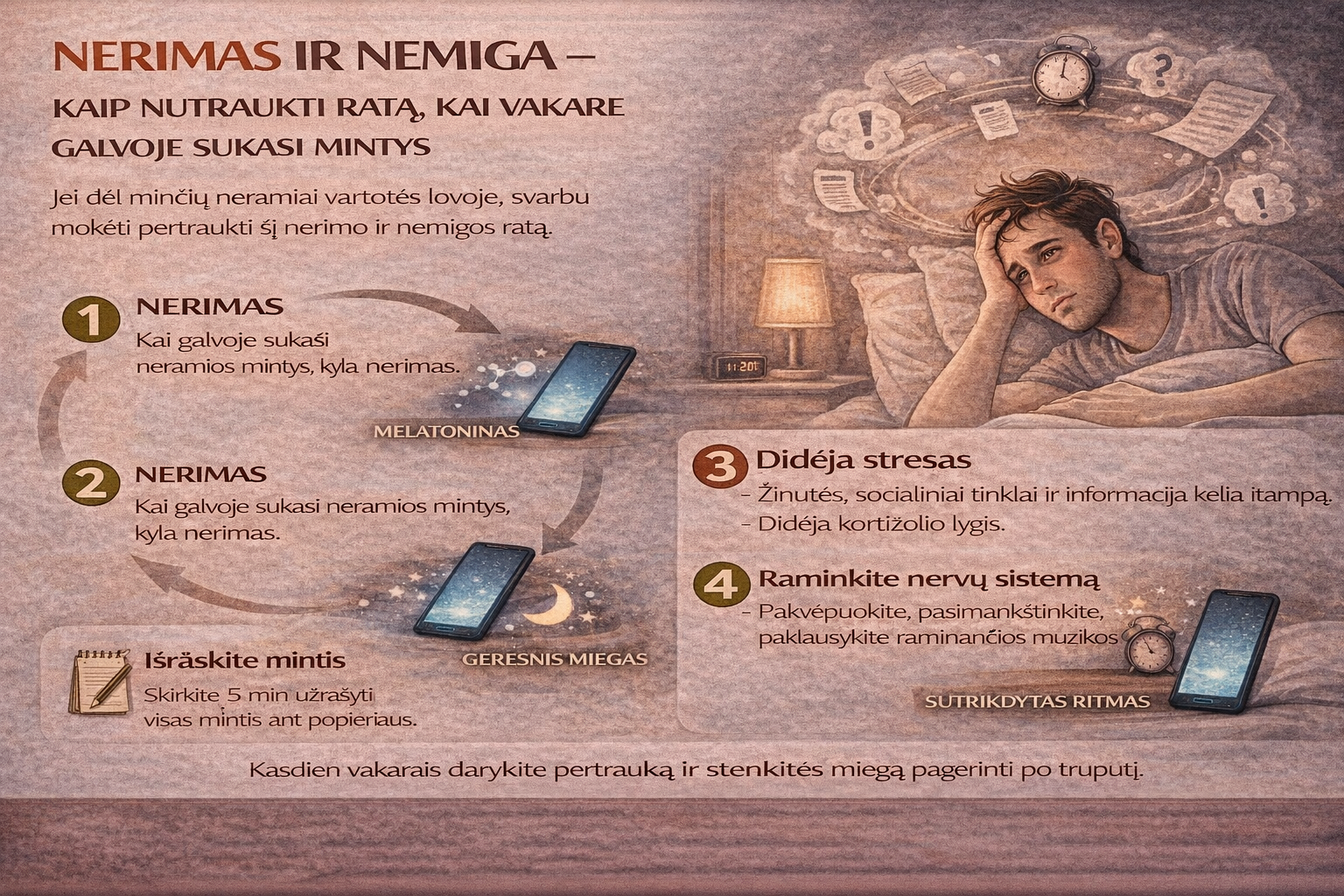 Nerimas ir nemiga – kaip nutraukti ratą, kai vakare galvoje sukasi mintys