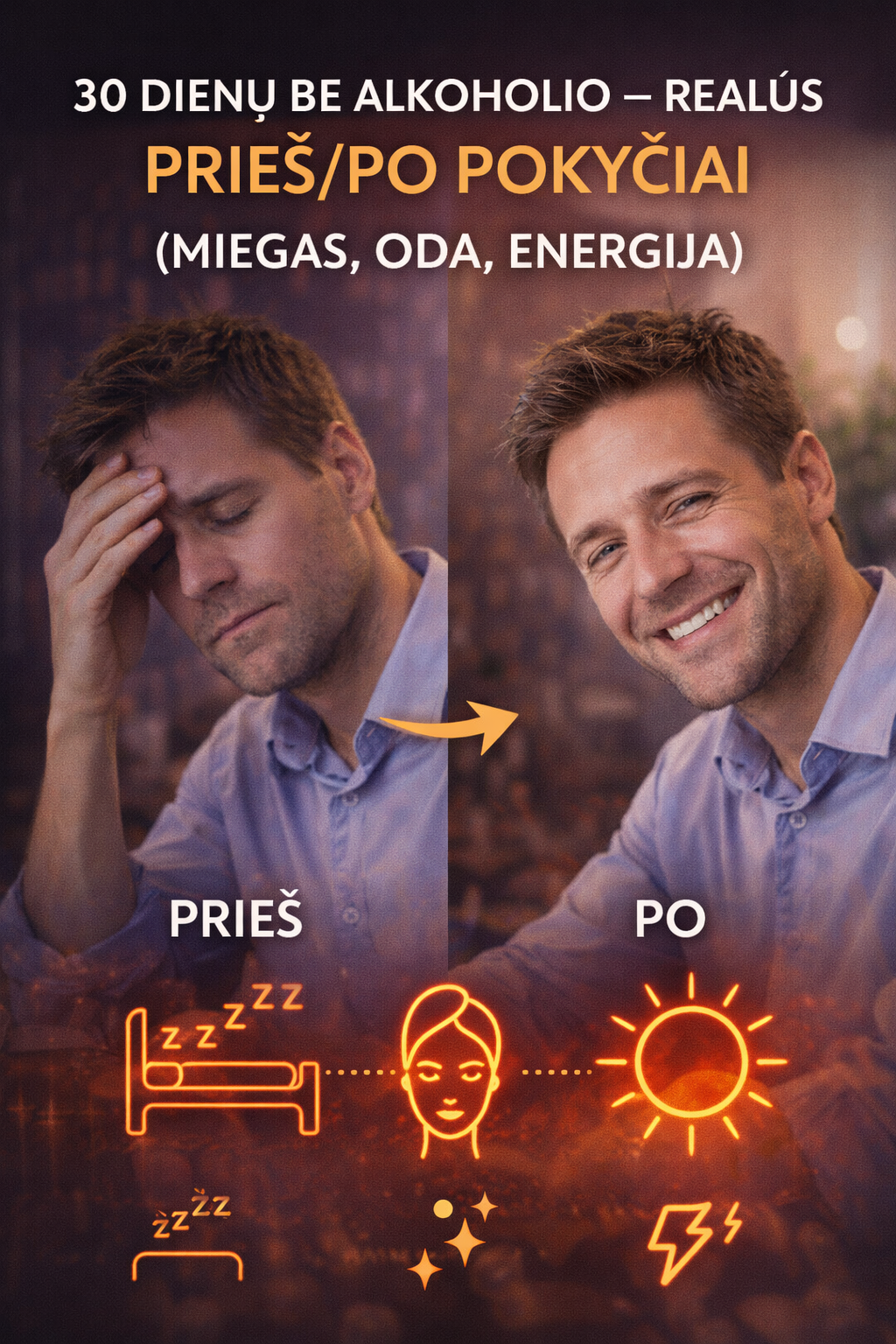 30 dienų be alkoholio – realūs prieš/po pokyčiai (miegas, oda, energija)