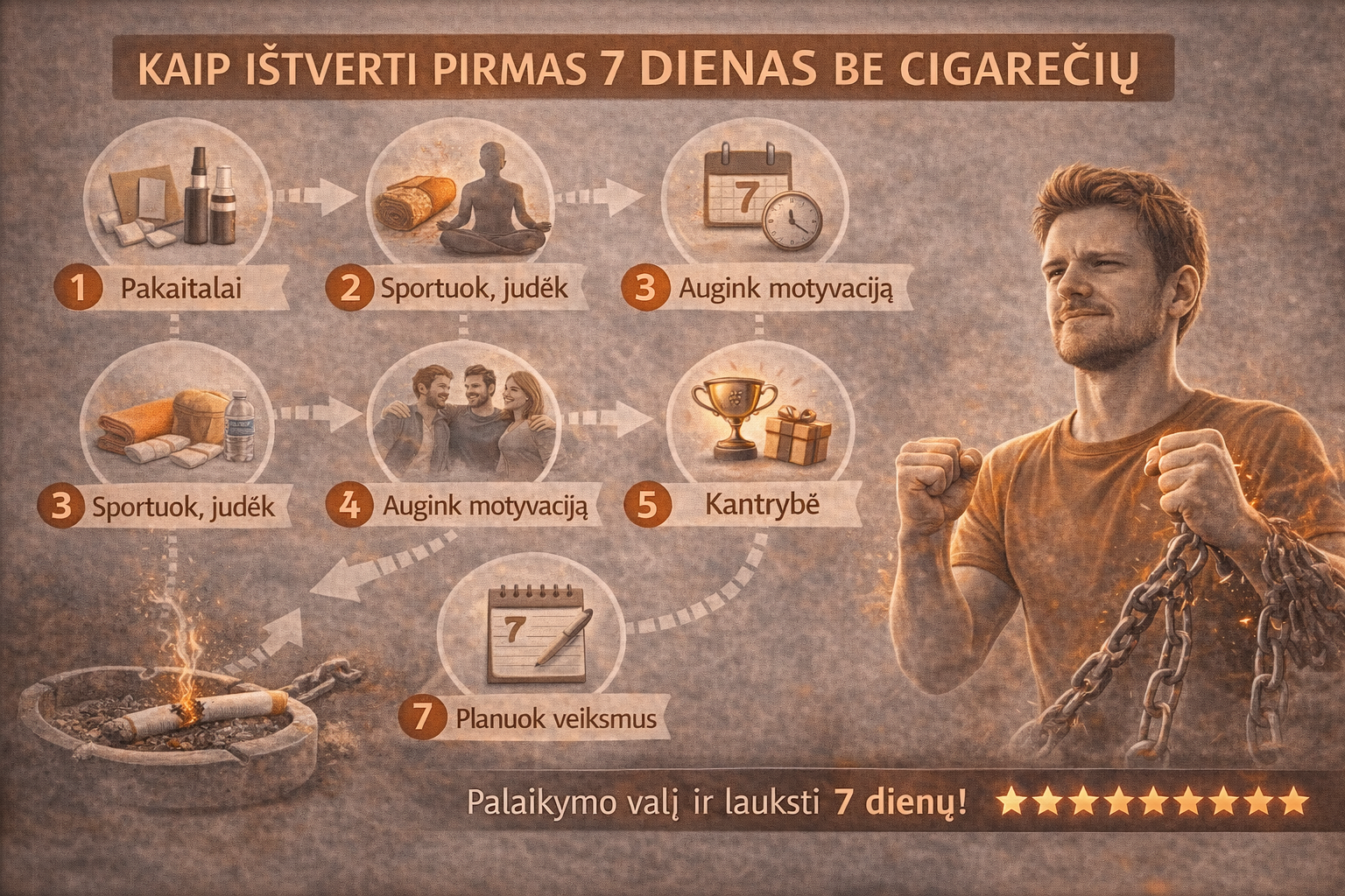 Kaip ištverti pirmas 7 dienas be cigarečių